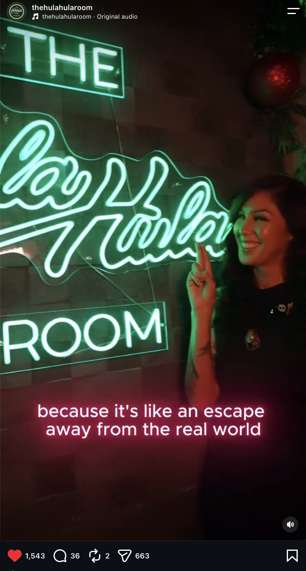 A presenter inside The Hula Hula Room, with 663 shares visible on the Instagram post